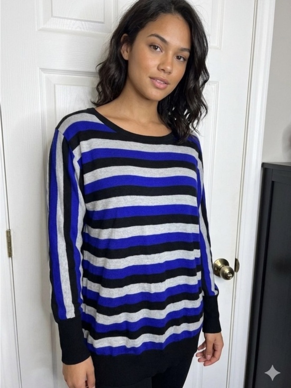 NWT Worthington Women’s X Large Verve Violet Black Striped Crewneck Sweater XL